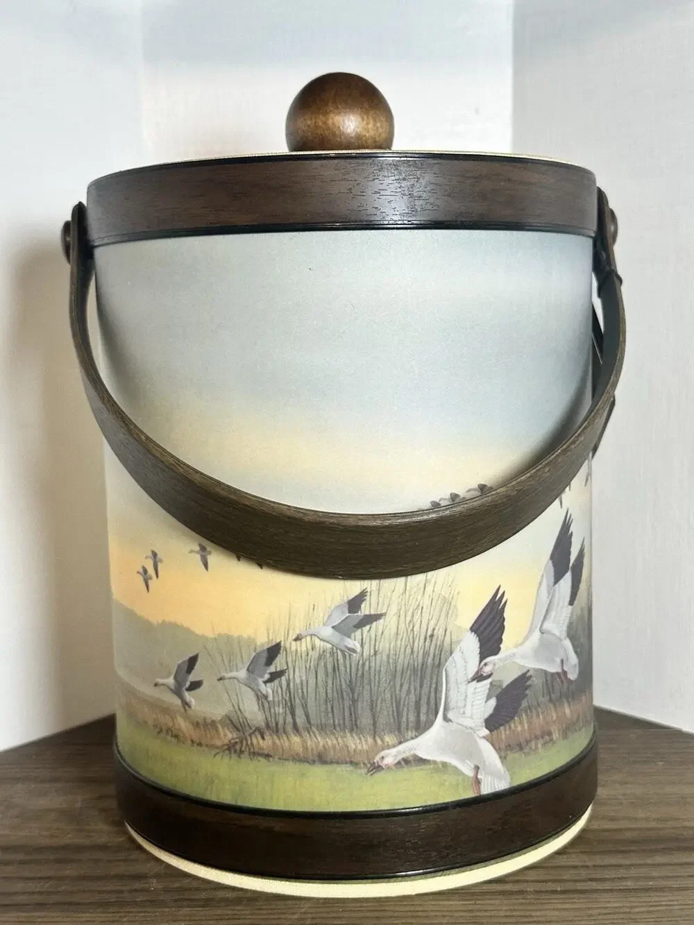 Bamboo Grass Cloth Geese 10-in Tall Ice Bucket With Handle MCM Retro NWT